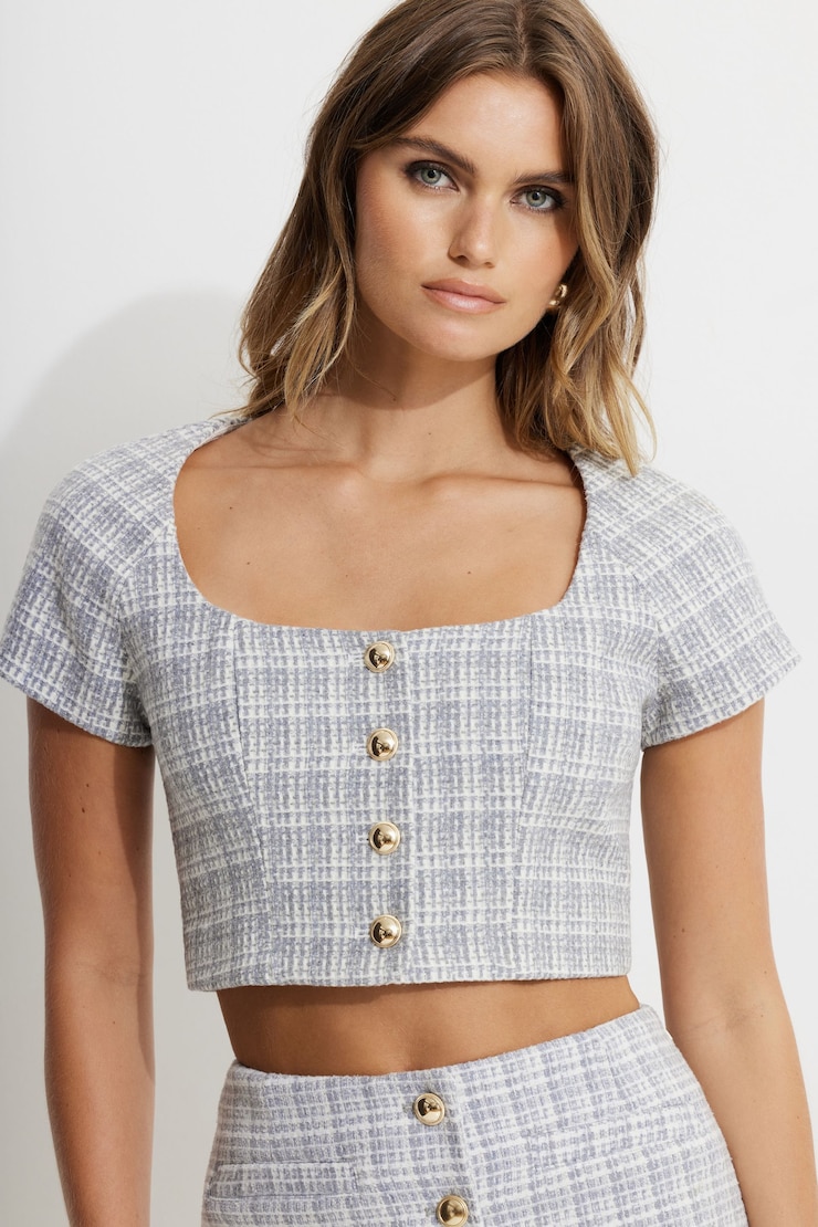 Cropped Tweed Blouse Grey Plaid large