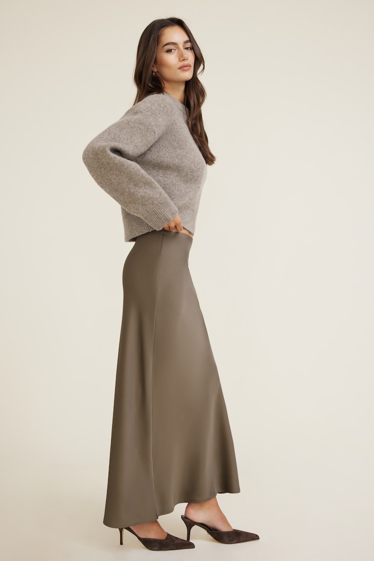 Jupe maxi en satin Brun champignon sauvage large