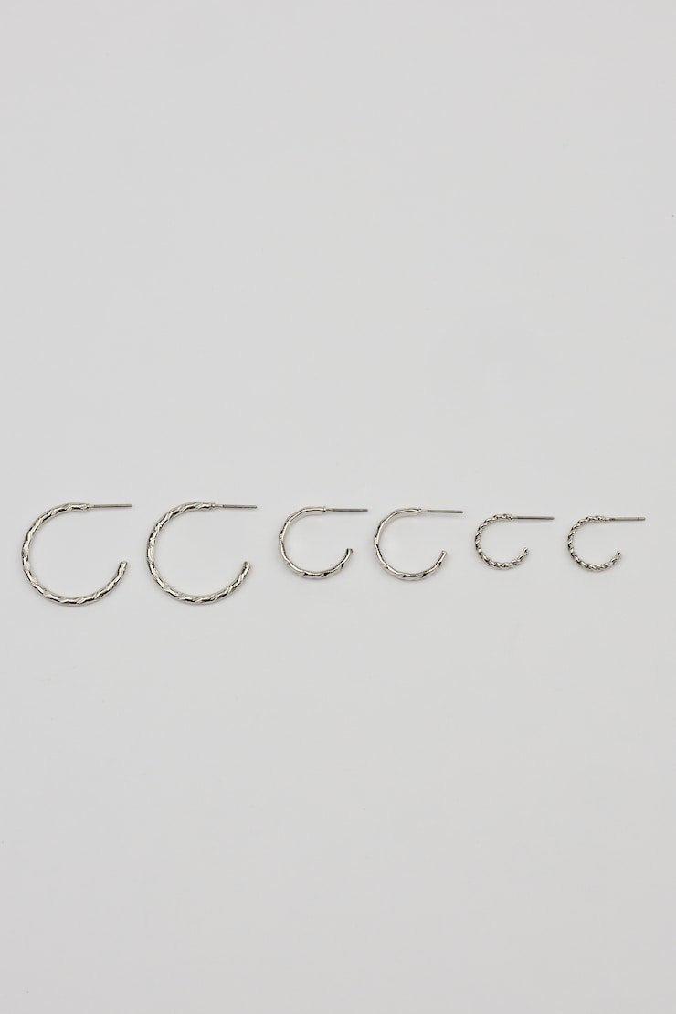 Set of 3 Textured Open Hoop Earrings, Silver, large