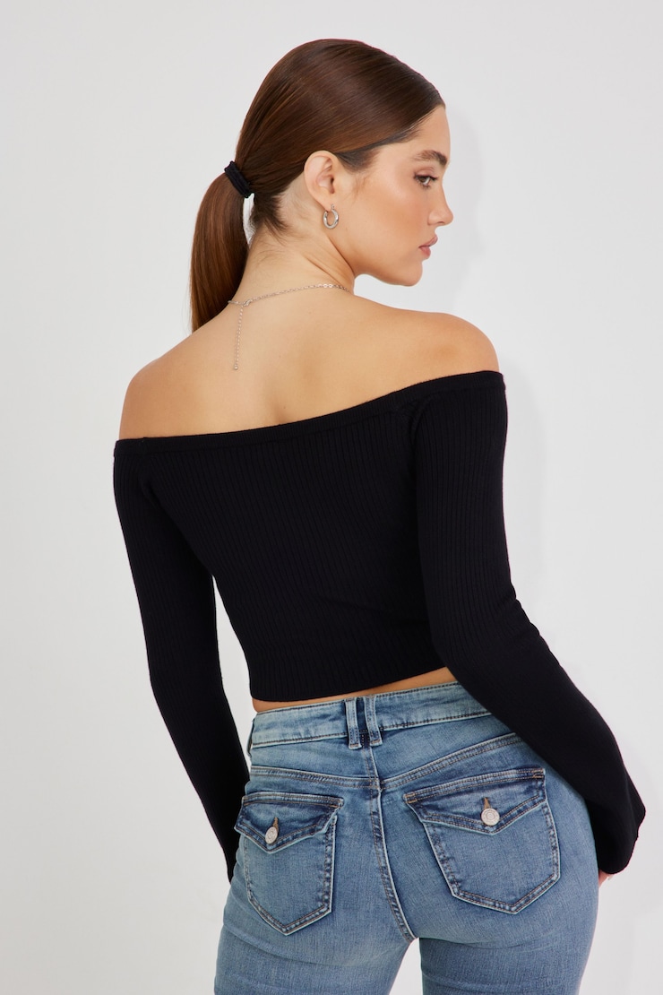Corset Hem Off Shoulder Top, Jet Black, large