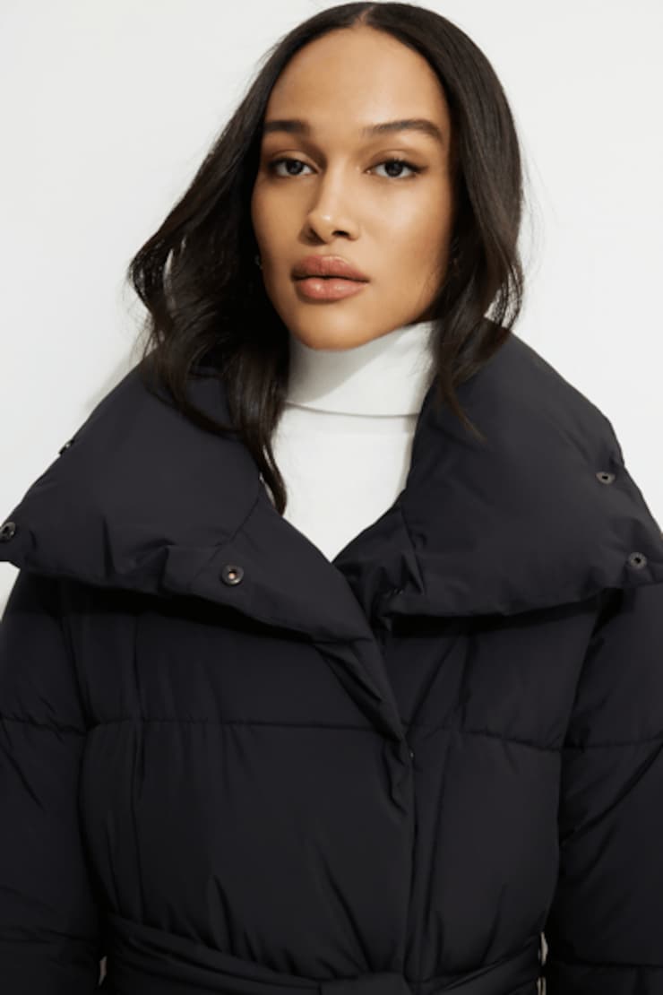 Manteau maxi matelassé à ceinture Noir encre large