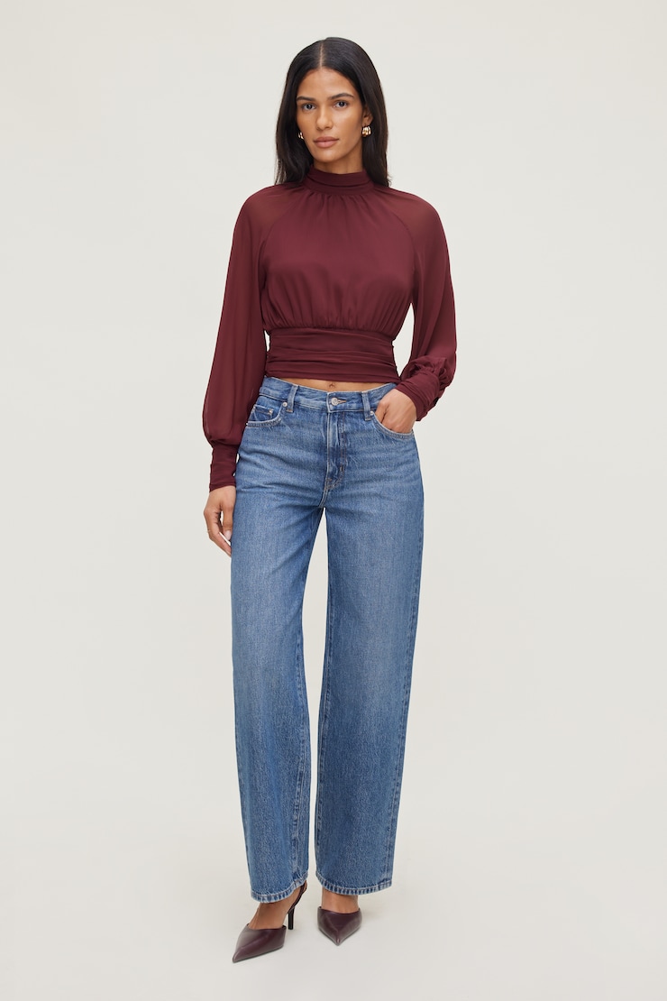 Mock Neck Chiffon Blouse Burgundy | Dynamite