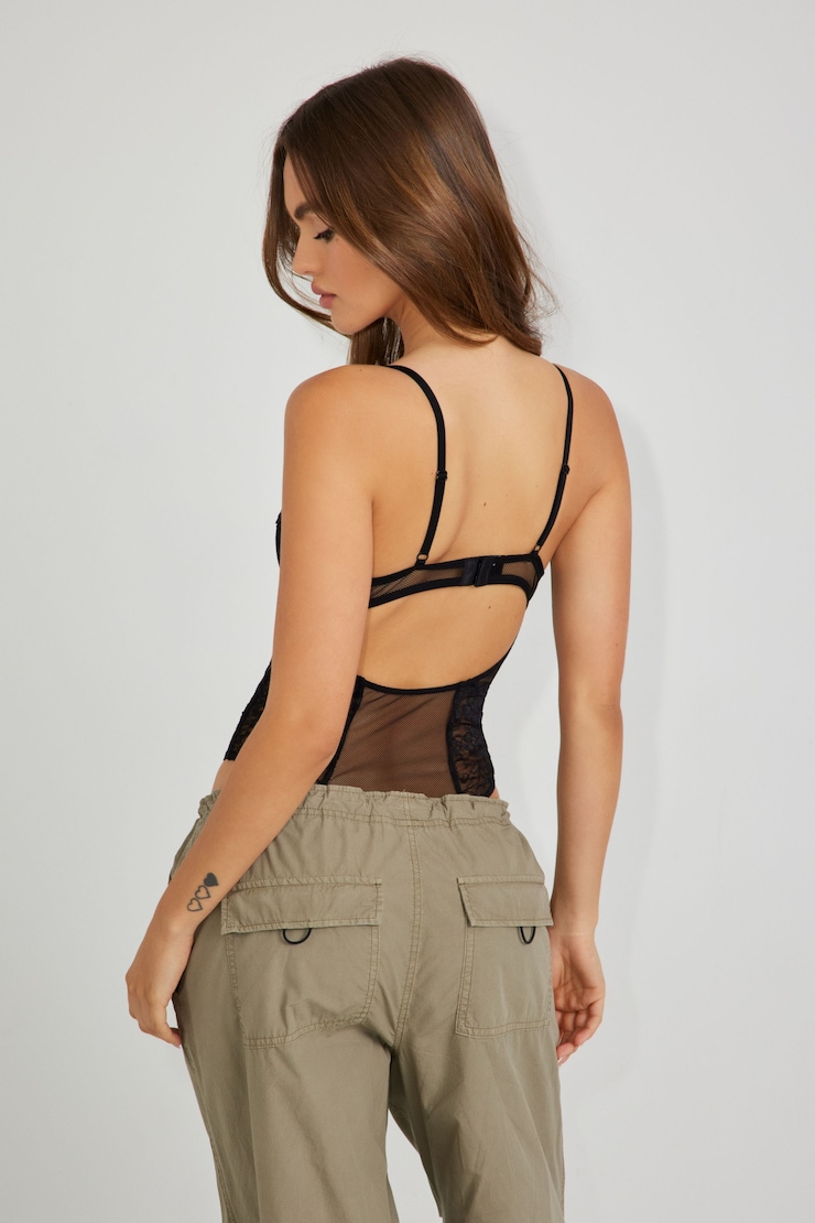 Mixed Media Mesh Bodysuit, Jet Black, large