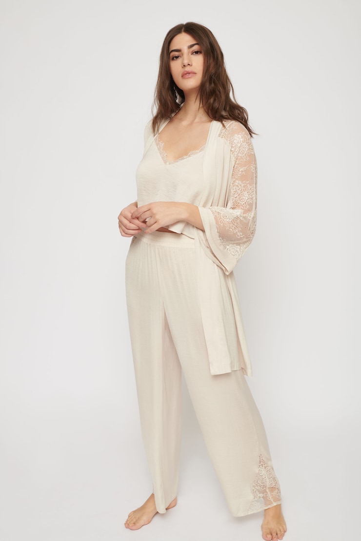 Satin Lace Pyjama Pants Sandshell Beige large