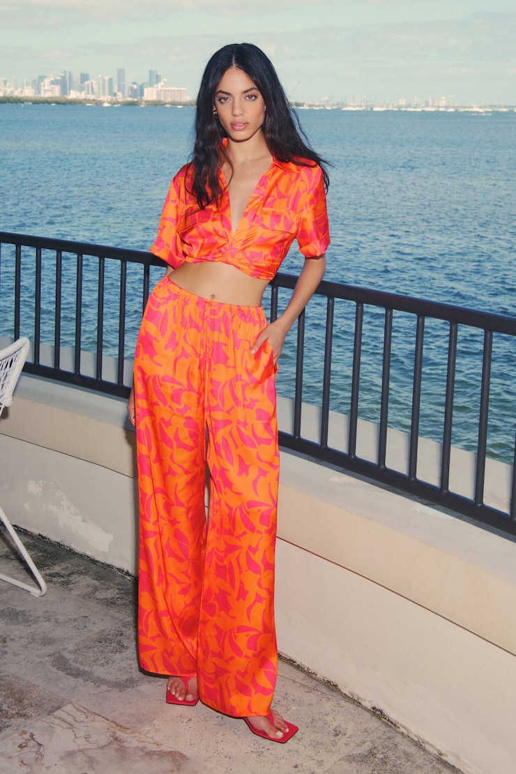 Santina Satin Wide Leg Pants  Orange Abstract Floral  large
