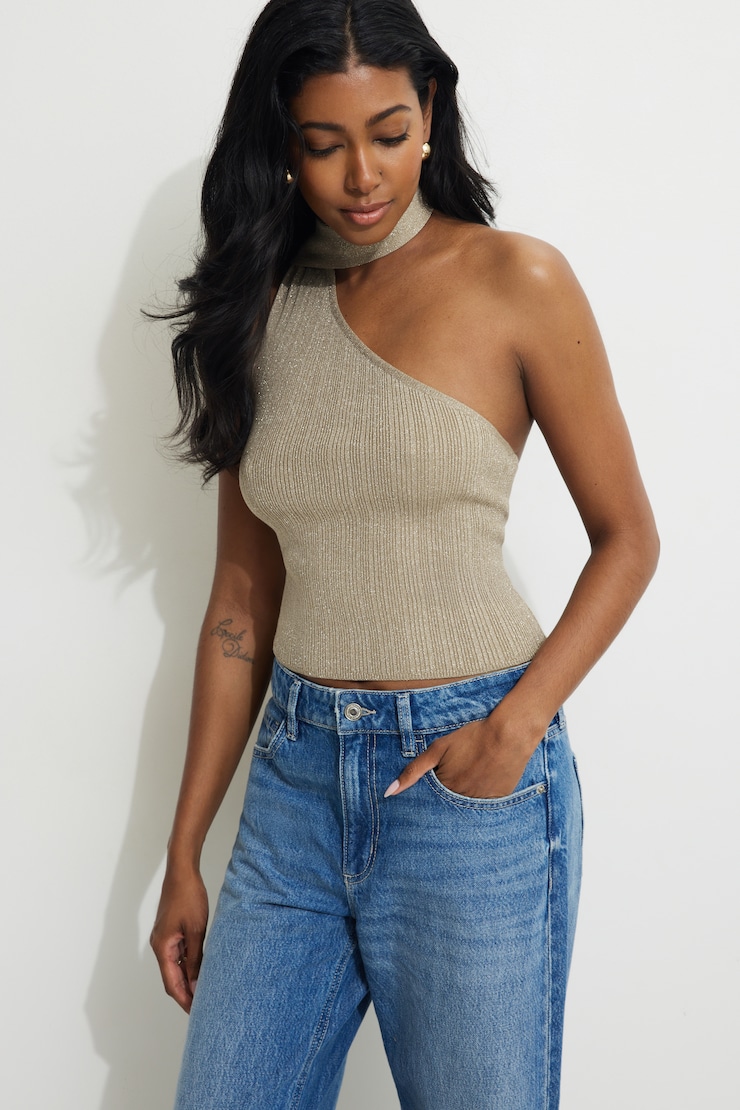 Ribbed Metallic Single Shoulder Scarf Top Gold | Dynamite