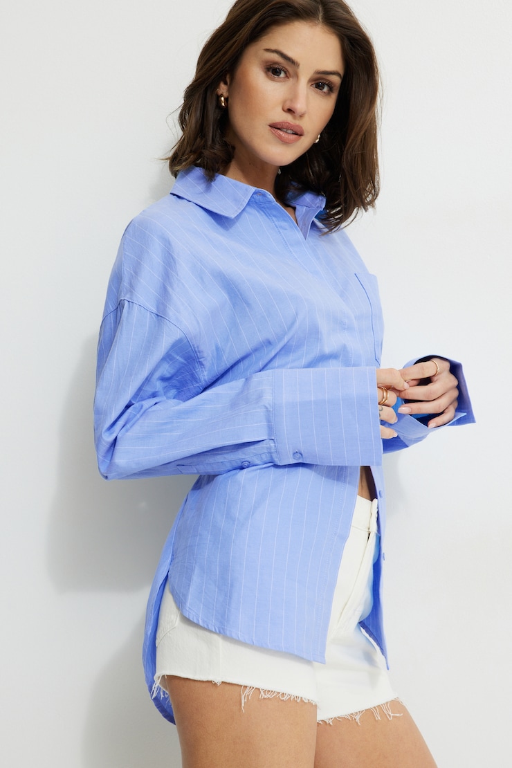 Monroe Cinched Oversized Oxford Shirt Blue | Dynamite