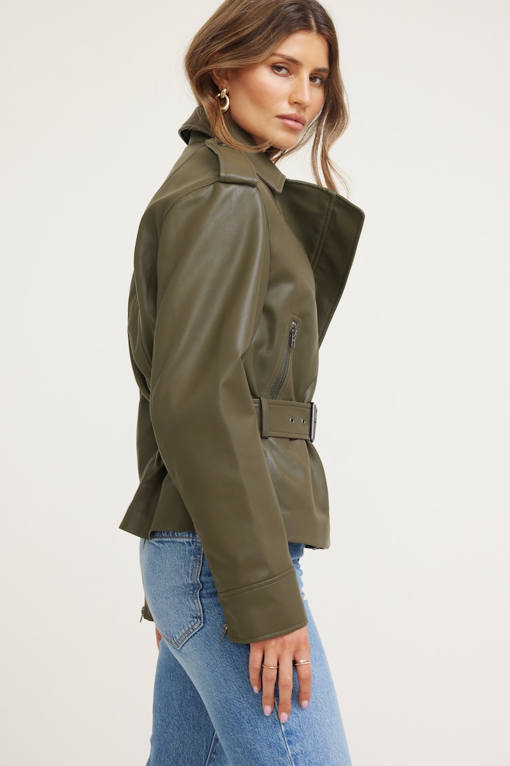 Blouson de moto en faux cuir avec ceinture Kaki mousse tropicale large