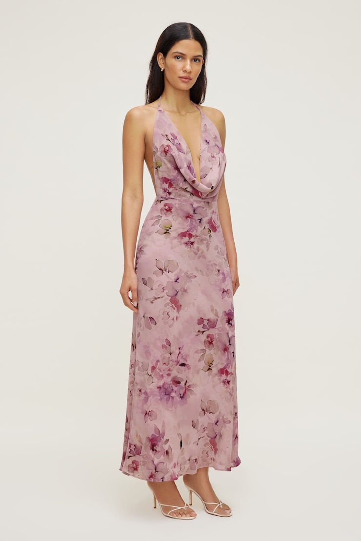 Floral Plunge Cowl Neck Maxi Dress Rose Blossom Pink large
