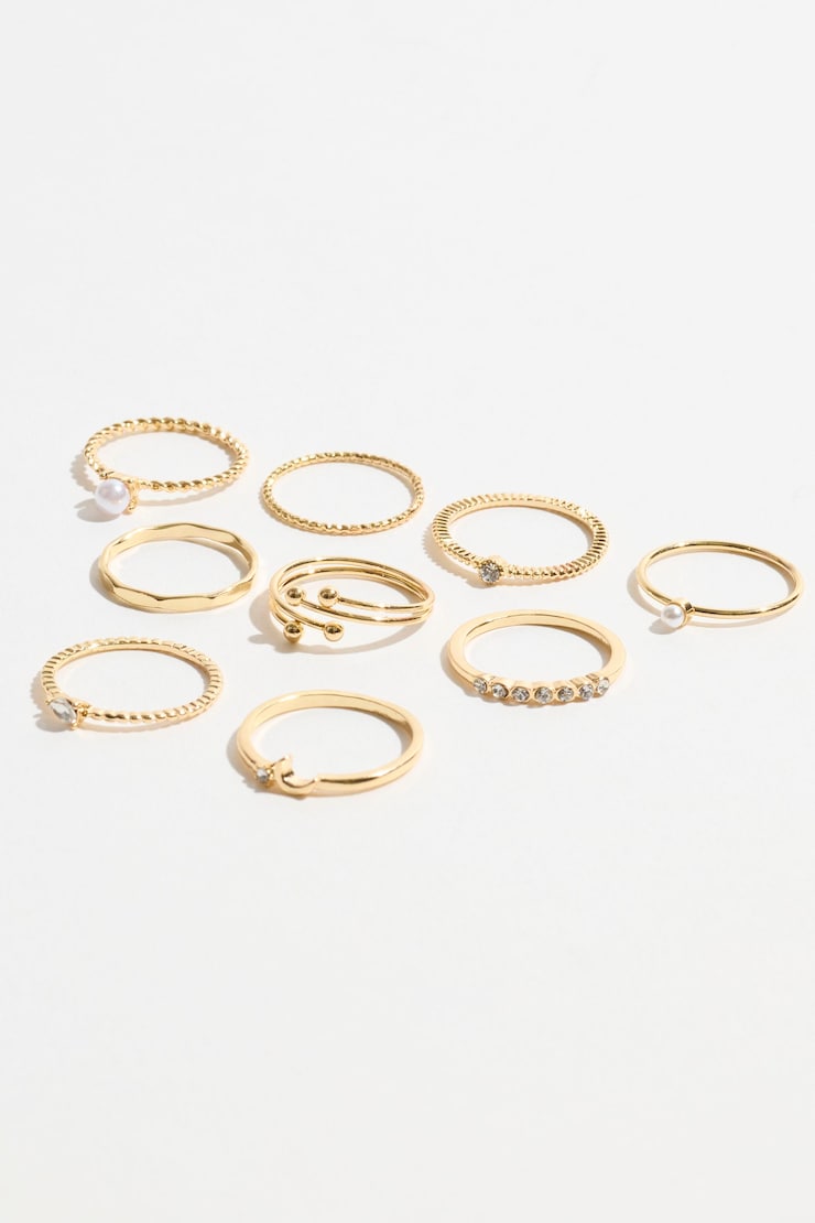9-Pack Mini Pearl & Gem Rings Off-White & Gold large