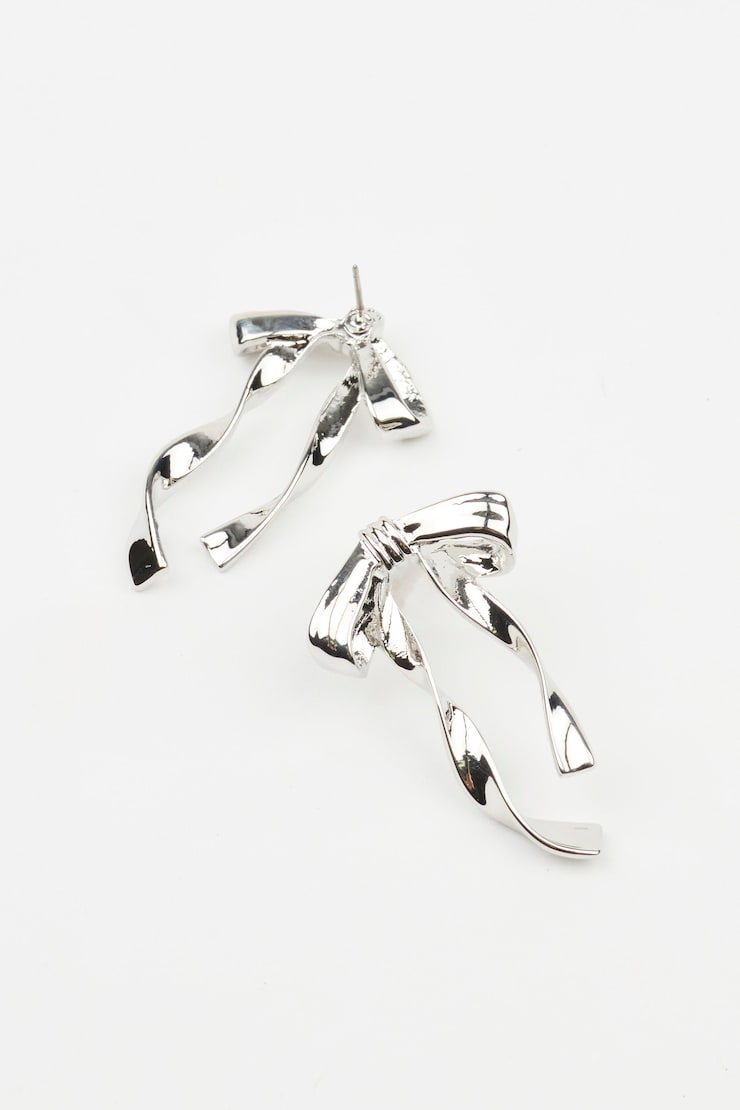 Metal Bow Earrings, Silver, large