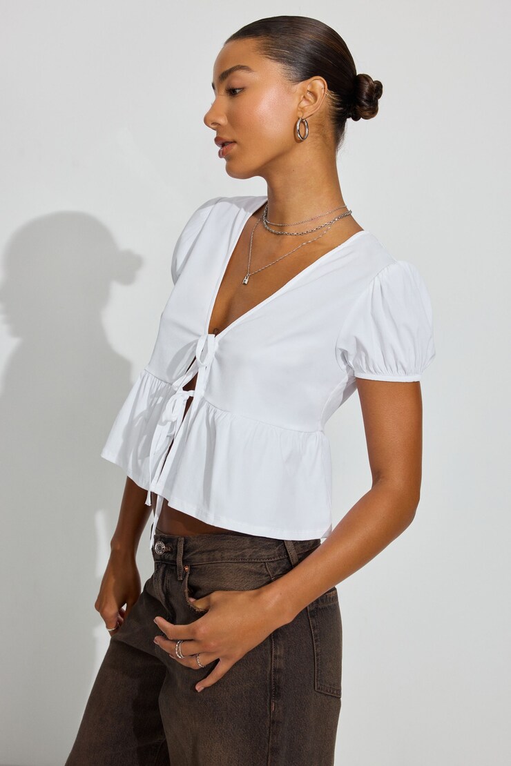 Tie Front Puff Sleeve Top, Bright White, large