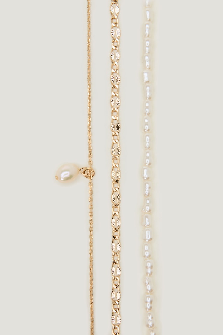 Layered Pearl and Chain Necklace Off White & Gold large