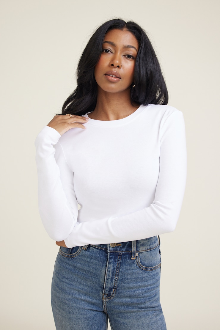 T-shirt à manches longues ajusté en coton Blanc éclatant large