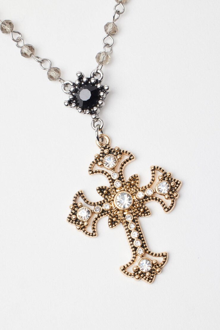 Beaded Cross Rosary Necklace, Black/Gold, large