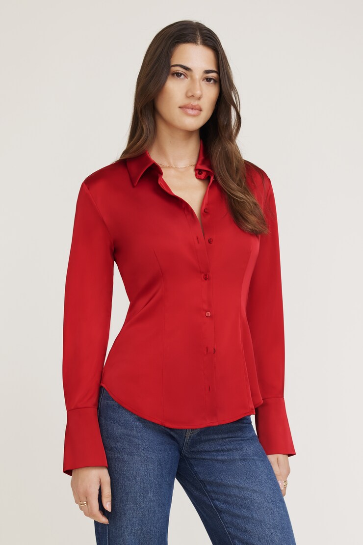 Eva Cinched Satin Shirt Red | Dynamite