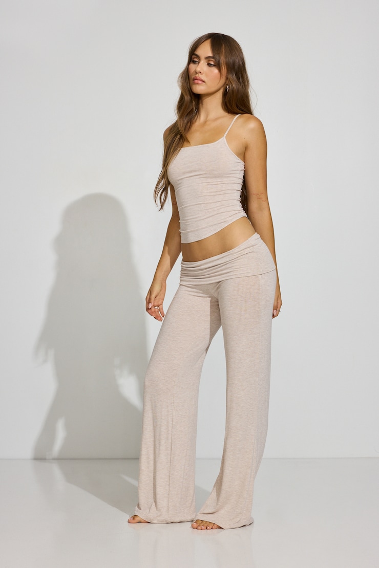 Sheer Ribbed Foldover Pants, Cocoa Butter Oatmeal Mix, large