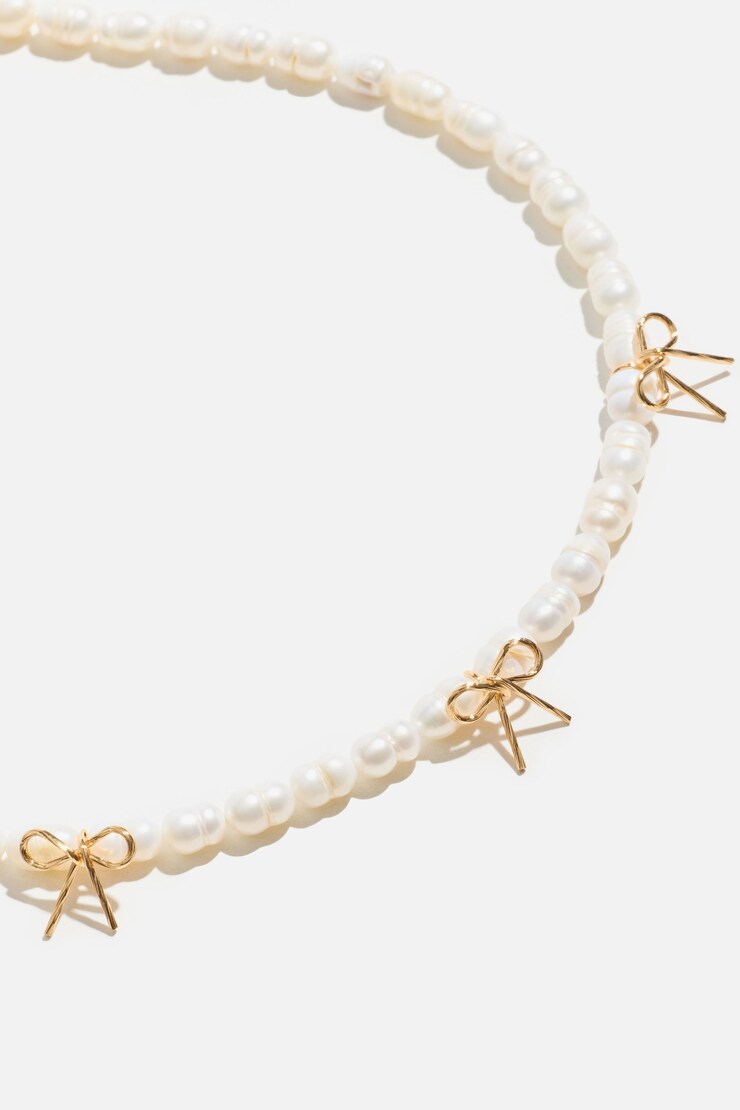 Triple Bow Pearl Necklace Off White/Gold large