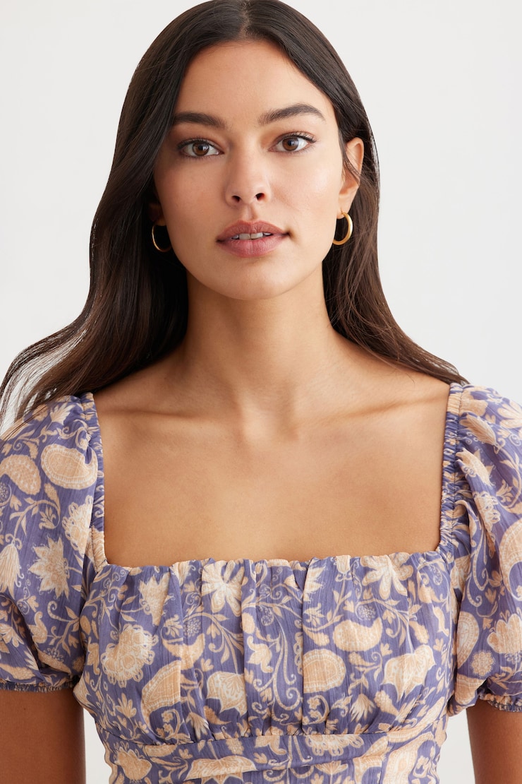 Ruched Bust Blouse Blue Floral Paisley large